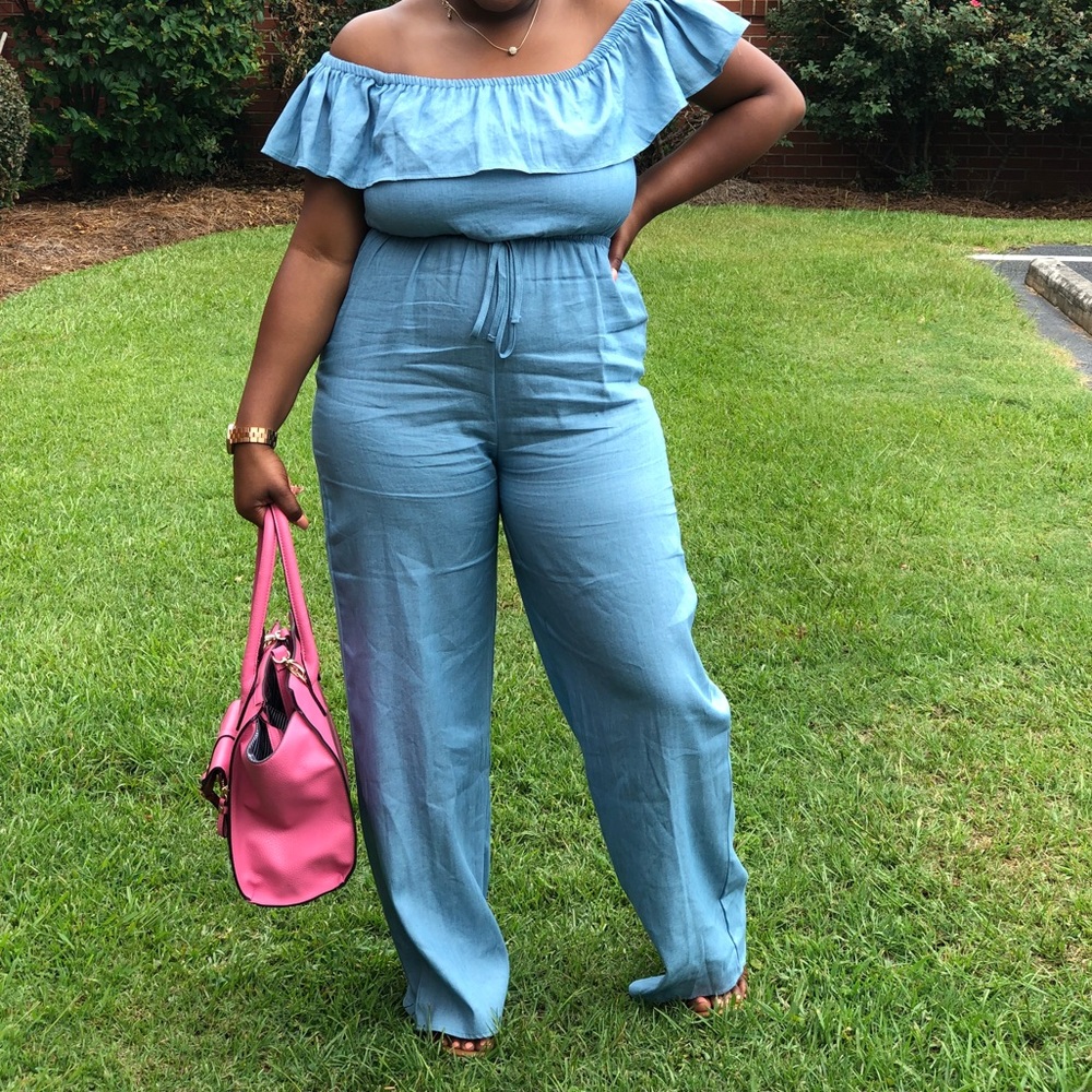 Off the shoulder blue jumpsuit